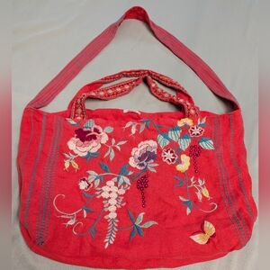 Sundance Embroidered Hot Coral Floral Tote Bag
